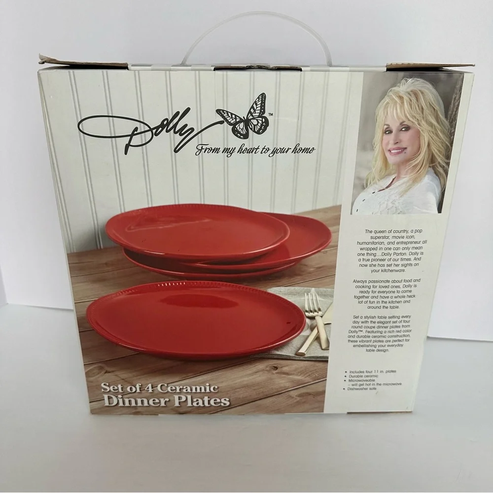 Dolly Parton Iconic Ceramic Dinner Plates Red 11” Round Coupe Set 4 New In Box
